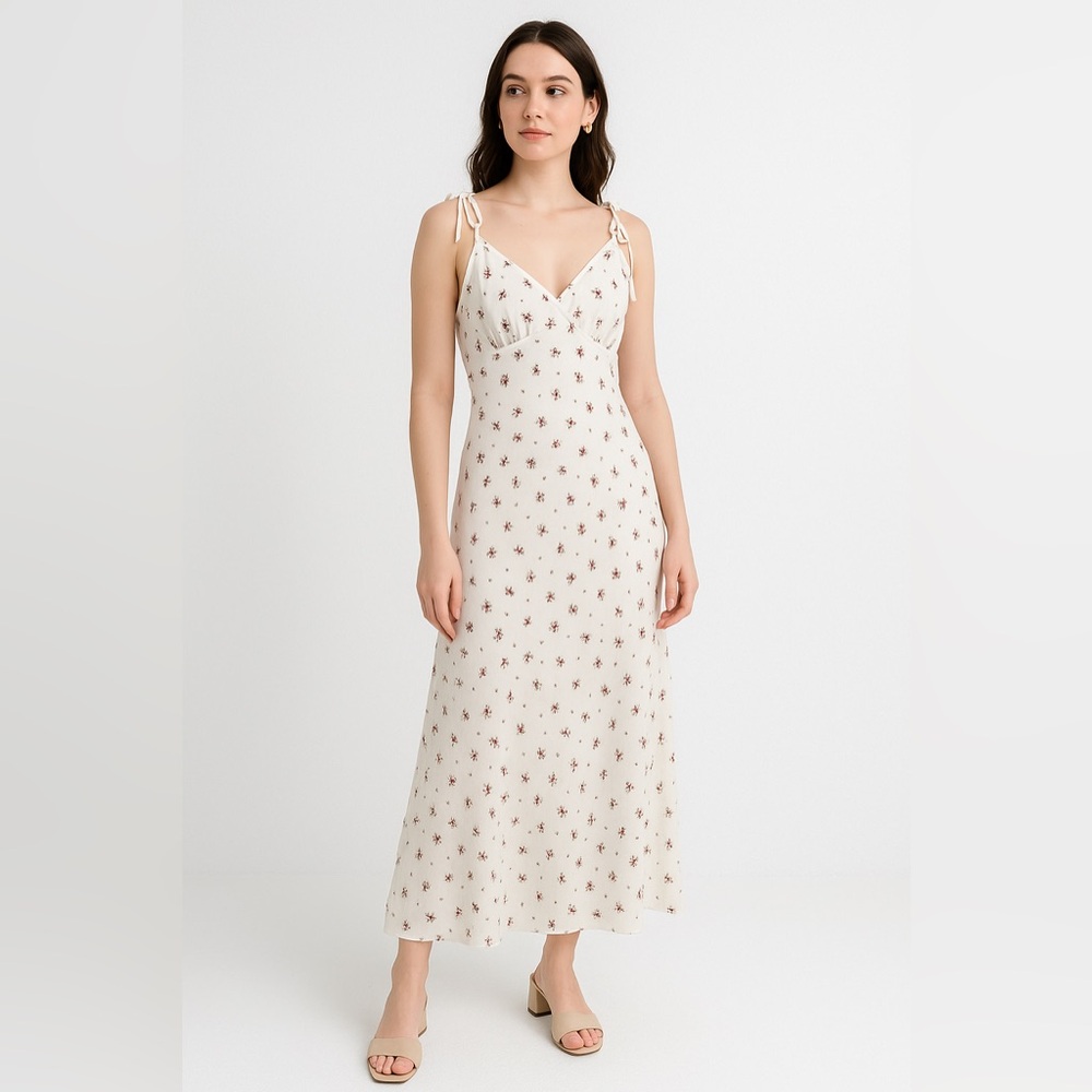 Simple Retro White Floral Slip Maxi Dress LARGE Shoulder Ties